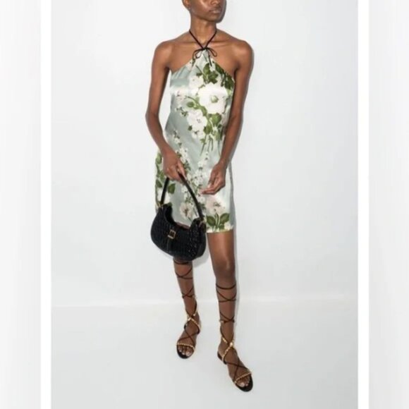 NWT Reformation Poppie Silk Dress Halter Tarragon Green Floral 8 Retail $218.00 - Picture 6 of 15